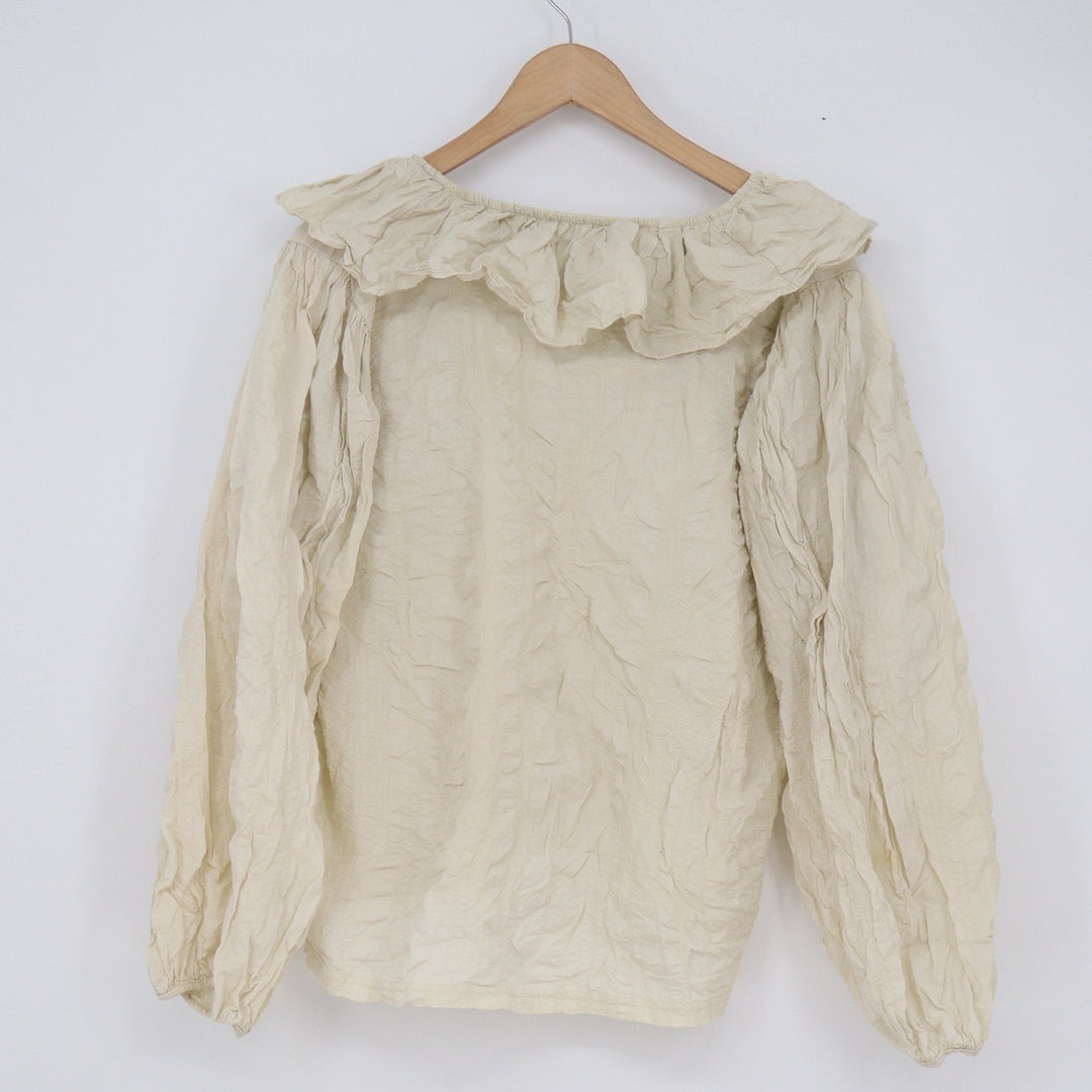 Made in Korea Cream Ruffle Collar Crinkle Texture Long Sleeve Blouse Top