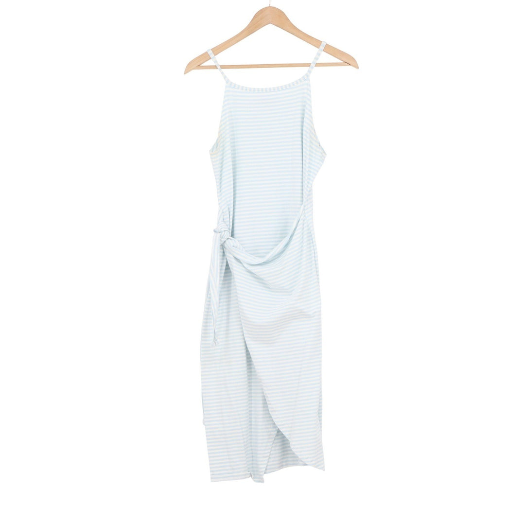 Chic Style Blue White Striped Wrap Midi Dress Sleeveless High Neck Large