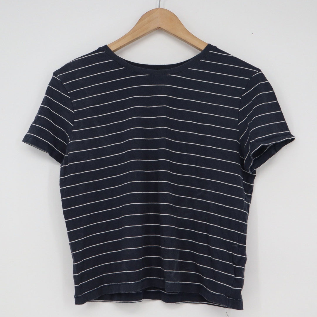 Max Studio Navy Blue White Striped Pima Cotton Modal Short Sleeve Tee Shirt M