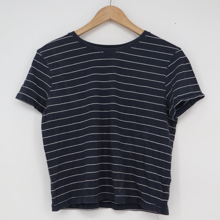 Max Studio Navy Blue White Striped Pima Cotton Modal Short Sleeve Tee Shirt M