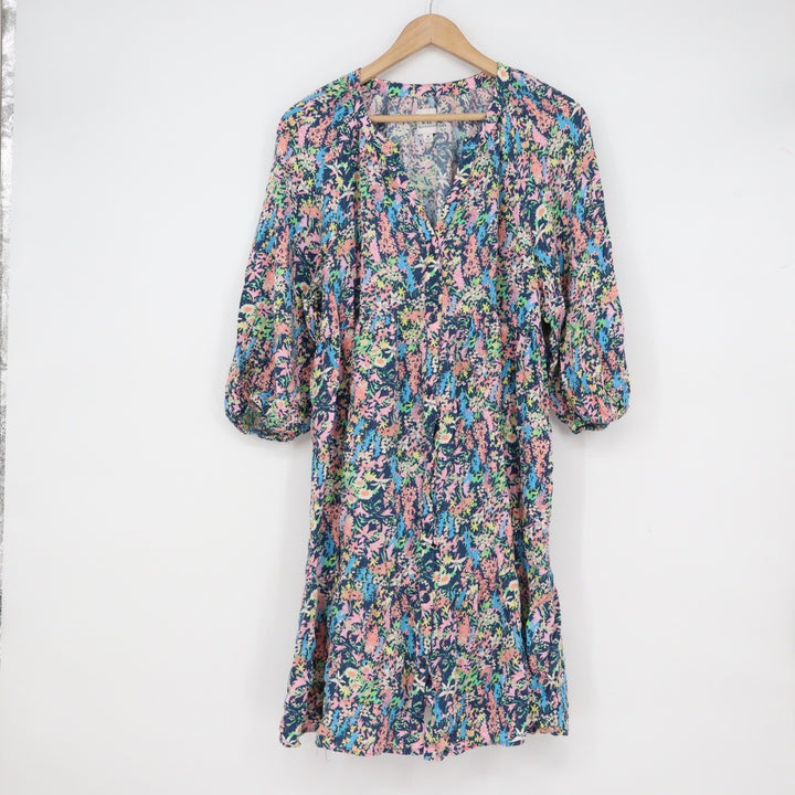 Gap Maternity Floral Tiered Mini Dress Medium Pink Blue Rayon 3/4 Balloon Sleeve