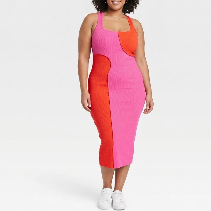 Naked Wardrobe Pink Red Colorblock Ribbed Midi Womens Large