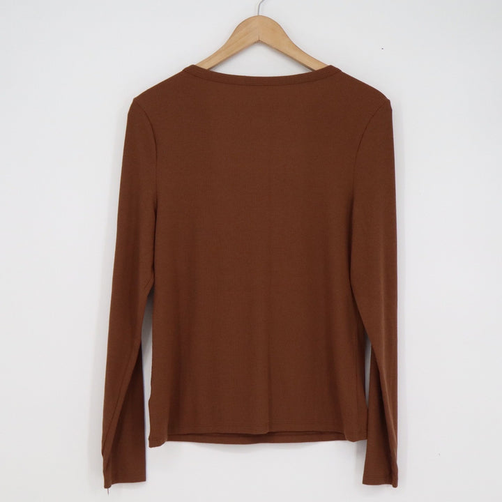Time and Tru Womens Brown Ribbed Long Sleeve Henley Top Size L 12-14
