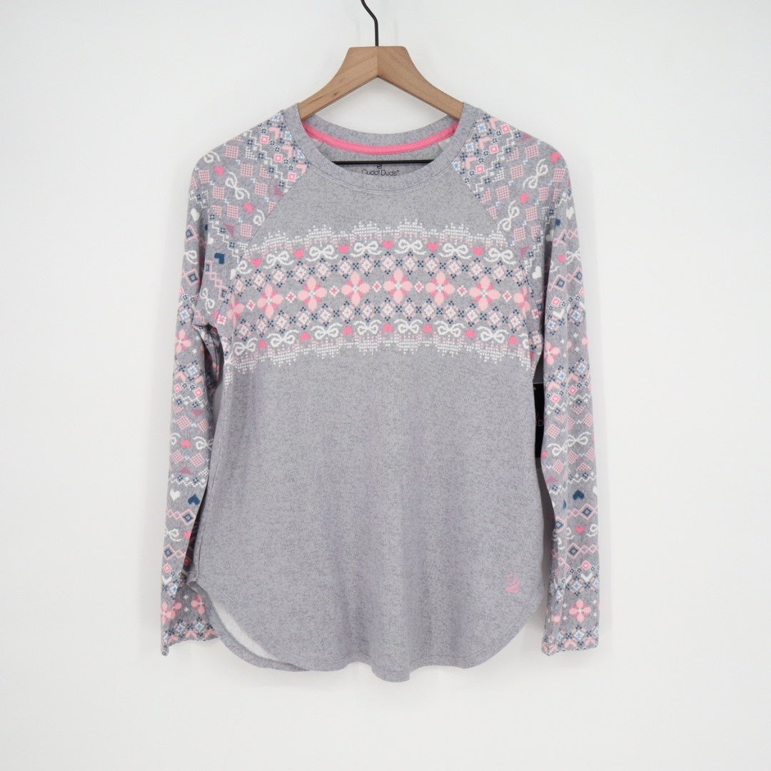 Cuddl Duds Pajama Top Womens Small Gray Floral Stretch Long Sleeve Crew Neck
