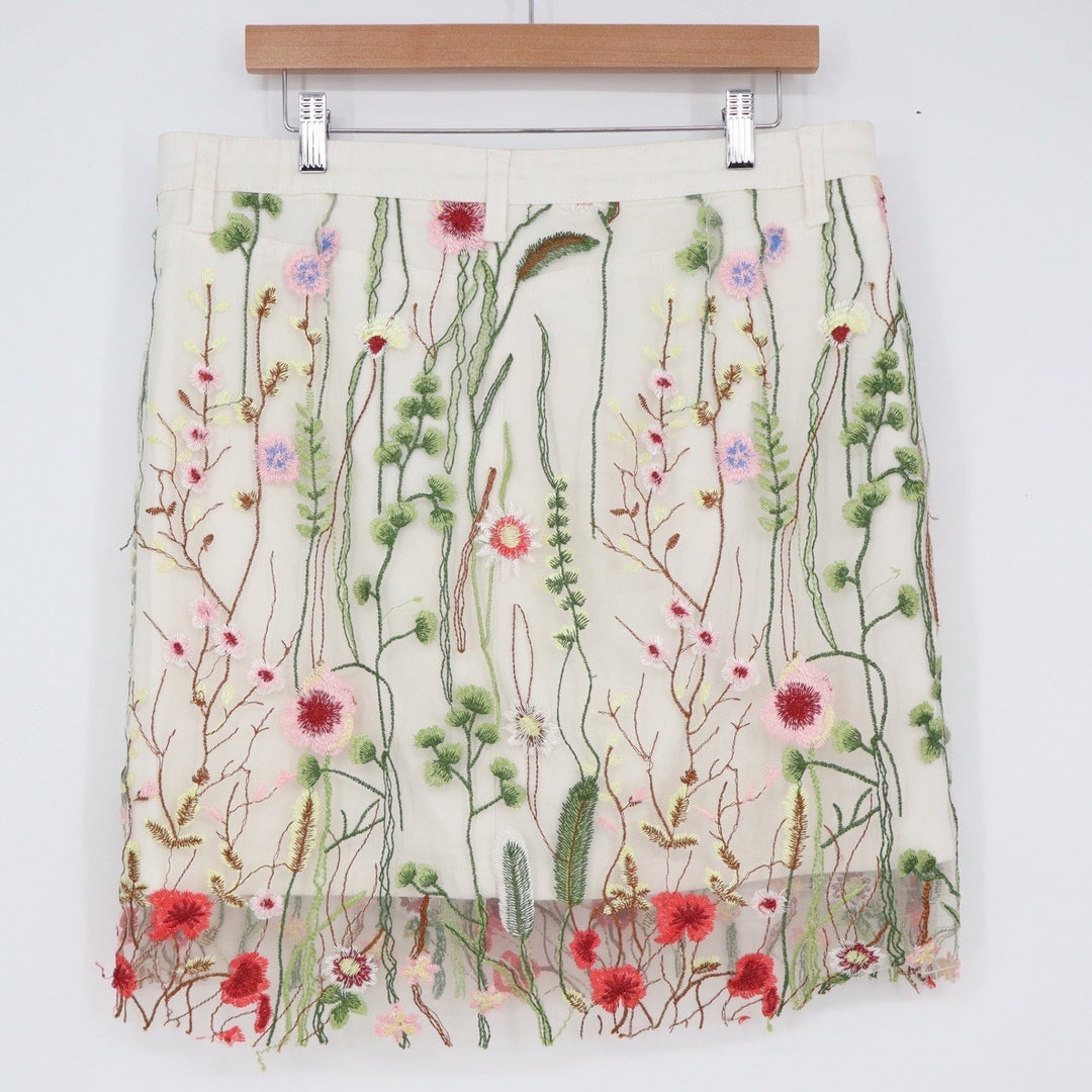 Blue Desire White Floral Embroidered Mesh Overlay Denim Mini Skirt Size 12