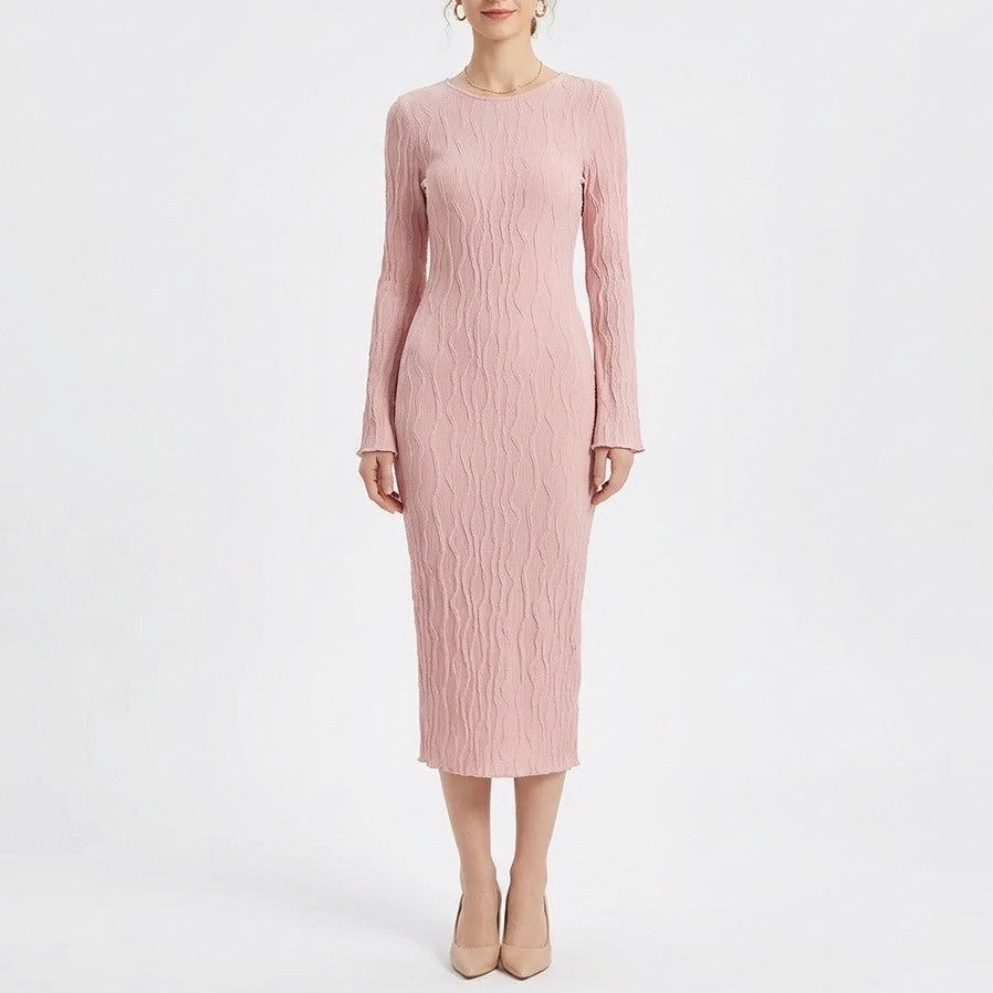 SHEIN Pink Textured Open Back Tie Maxi Dress Long Sleeve Bodycon AV795 Small