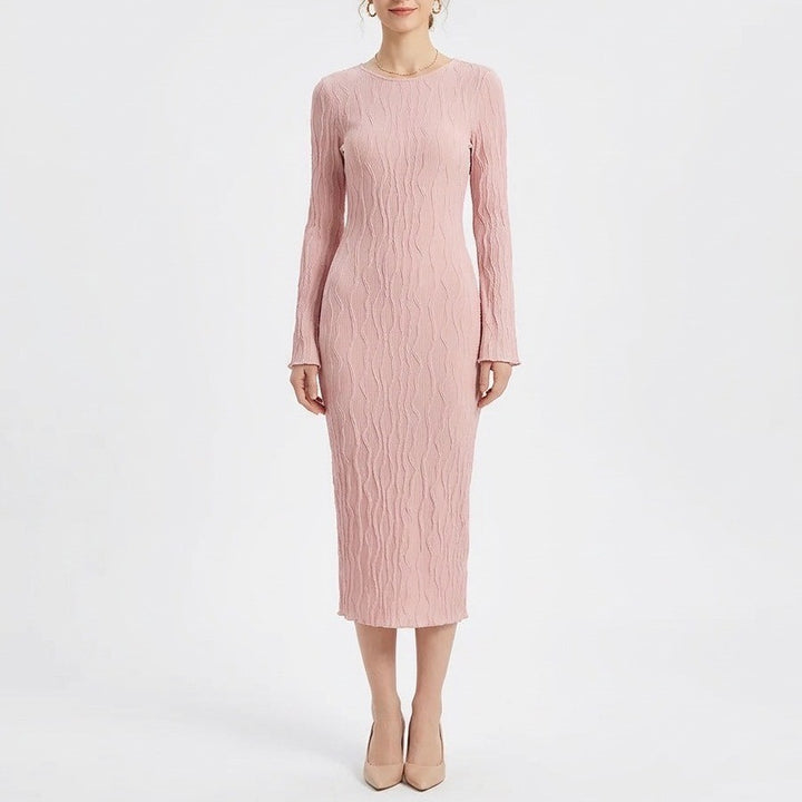 SHEIN Pink Textured Open Back Tie Maxi Dress Long Sleeve Bodycon AV795 Small