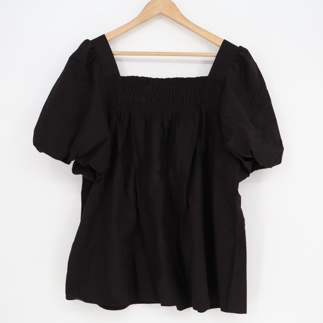 Fashion Blouse Top Womens XL Black Pleated Smocked Square Neck Balloon Sleeve