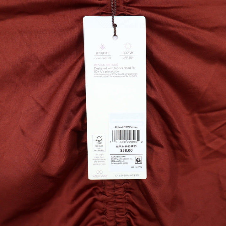 Calia Red Brown Shine Ruched Long Sleeve Cropped Swim Top UPF 50+ L