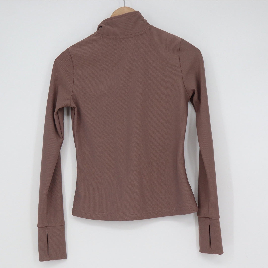 Move Theology Womens XS Ribbed Full Zip Athletic Jacket Mauve Brown Thumbholes