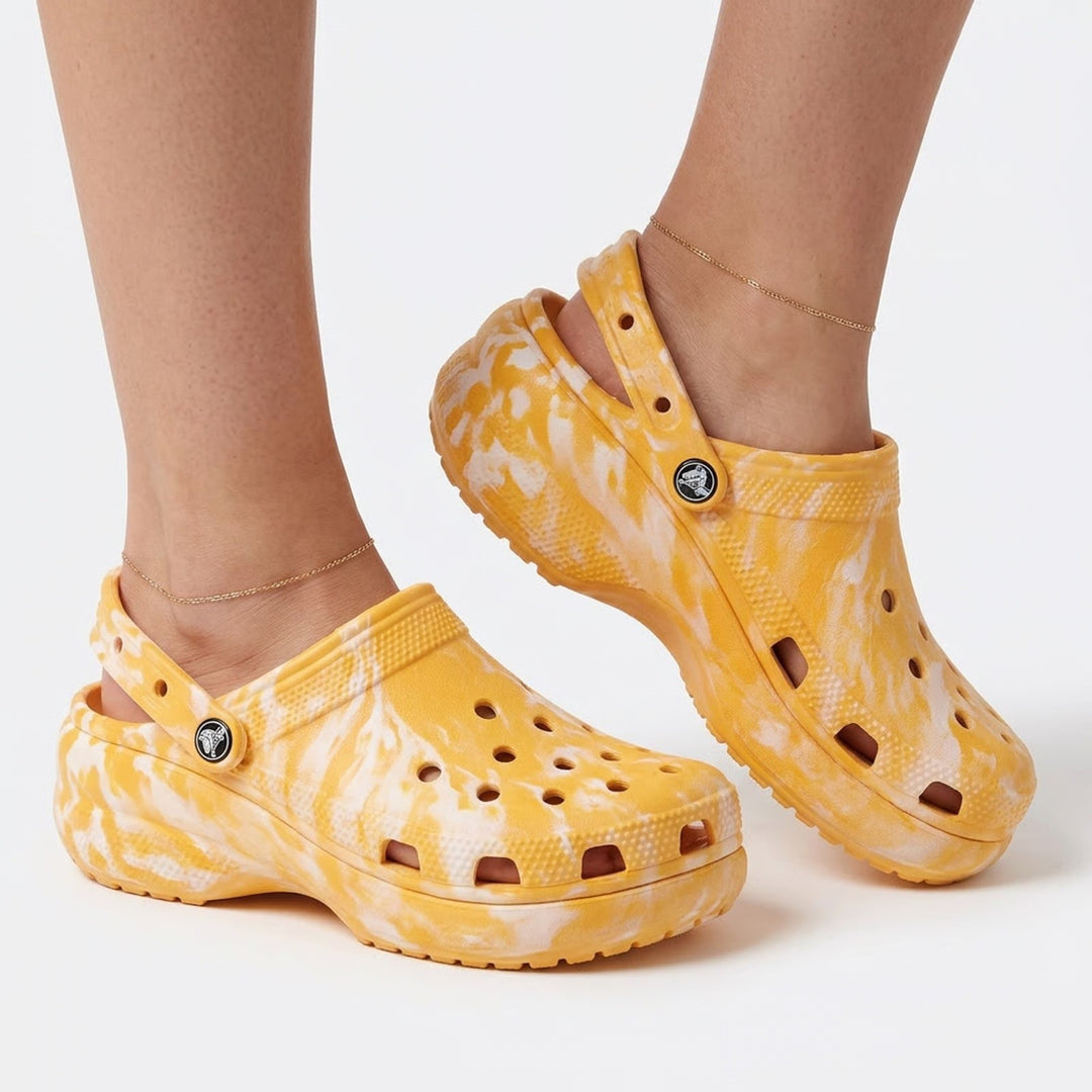 Crocs Classic Platform Clog Yellow White Marbled Womens Size 8 Slip On Sandals