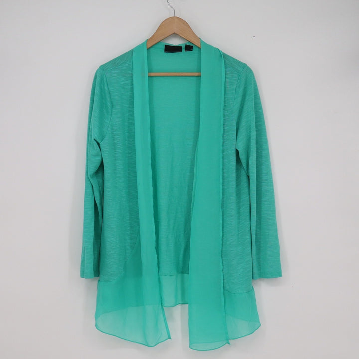 Metaphor Womens XL Teal Green Slub Knit Chiffon Trim Open Front Cardigan