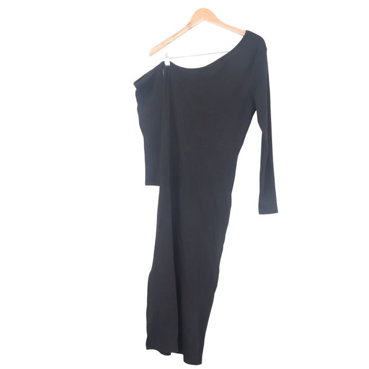 Boohoo Black Ribbed Asymmetric Split Midaxi Dress Long Sleeve Size 12