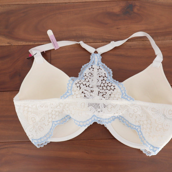 Maidenform Lace Racerback Front Close Underwire Bra Ivory Blue 36D 07112