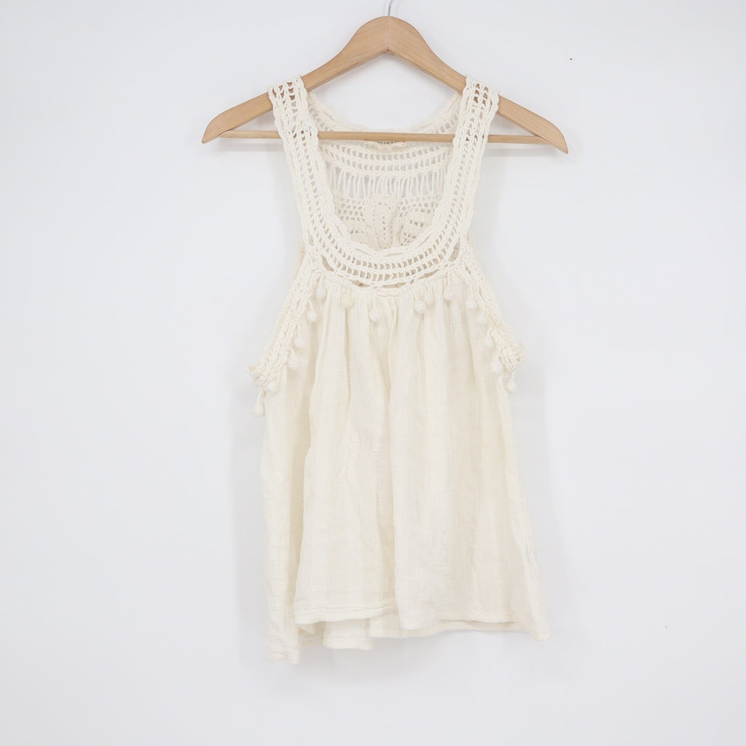 Luna Moon Cream Crochet Pom Pom Gauze Sleeveless Boho Top Size M