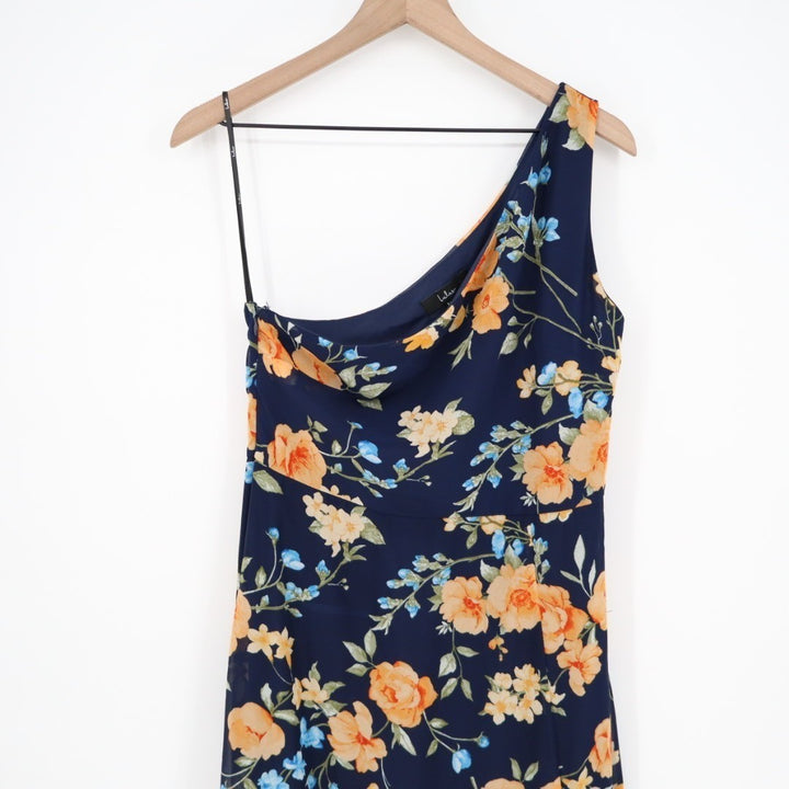 Lulus Elegant Admiration Maxi Dress Womens L Blue Floral One-Shoulder Front Slit