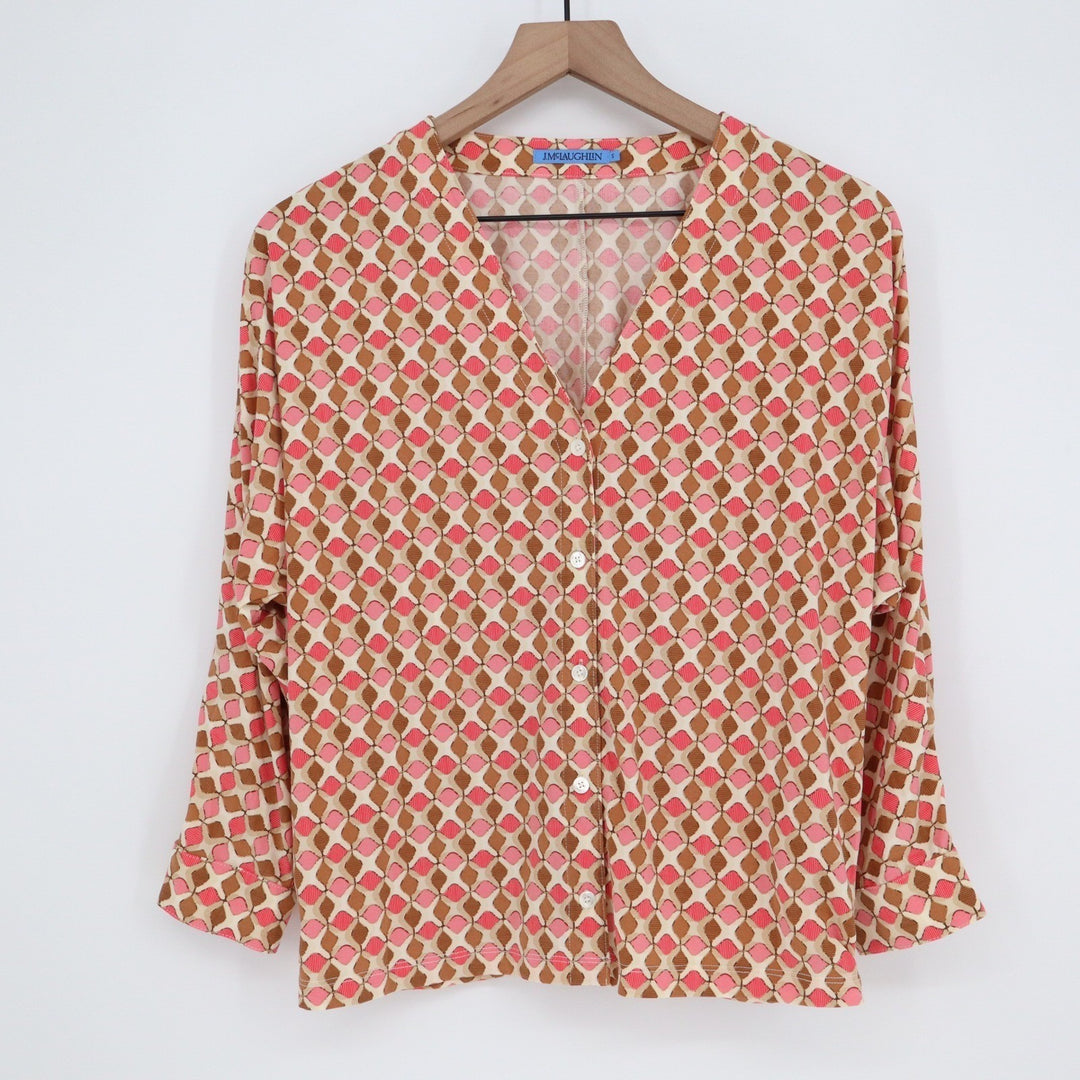 J.McLaughlin Pink Geometric Diamond Print Button Front V-Neck Blouse Small