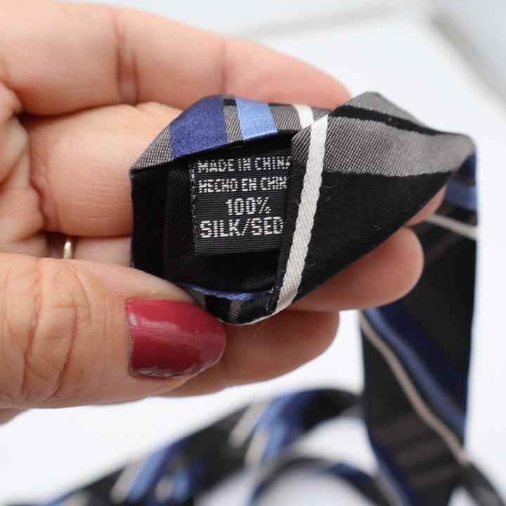 George Necktie Mens OS Plaid Black Blue Grey White Silk Classic Excellent