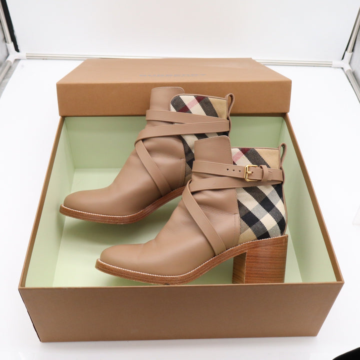 Burberry Pryle Leather House Check Ankle Boots Wheat Tan Block Heel EU 39