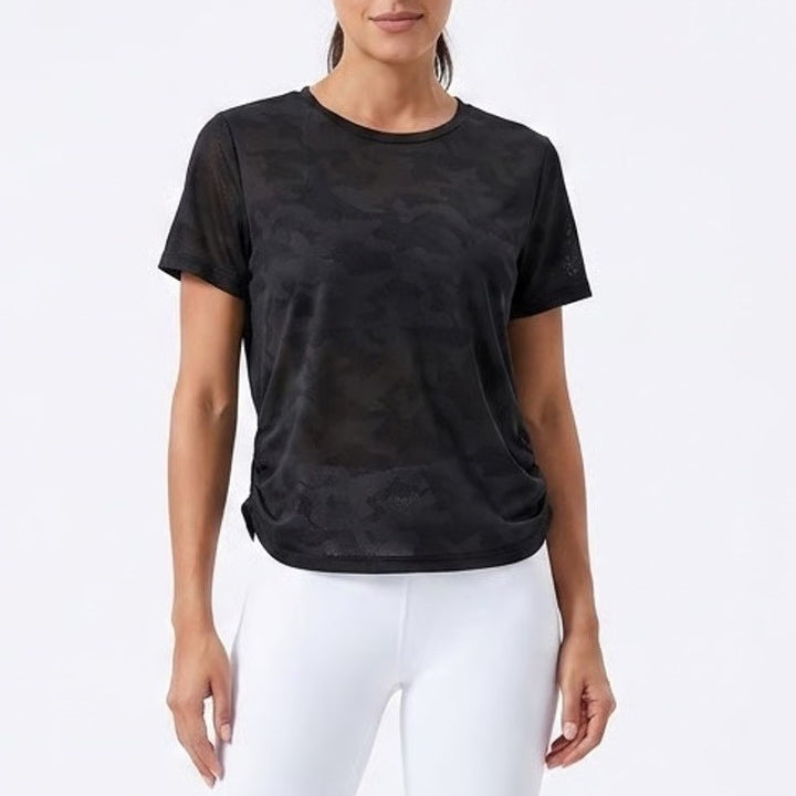 SheIn Easithlete T-Shirt Womens Large Black Camo Mesh Short Sleeve Crew Neck