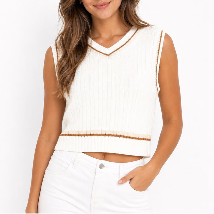 H&M Divided Cream Cable Knit Sweater Vest V-Neck Striped Trim Womens Size M