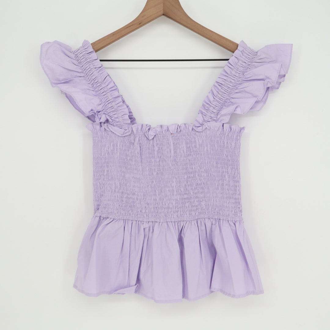Francesca's Mi Ami Lavender Purple Smocked Peplum Ruffle Top Large NEW