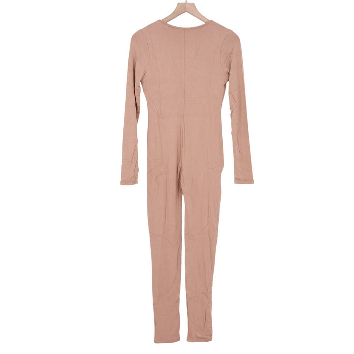 Naked Wardrobe Tan Long Sleeve V-Neck Bodycon Jumpsuit Size M
