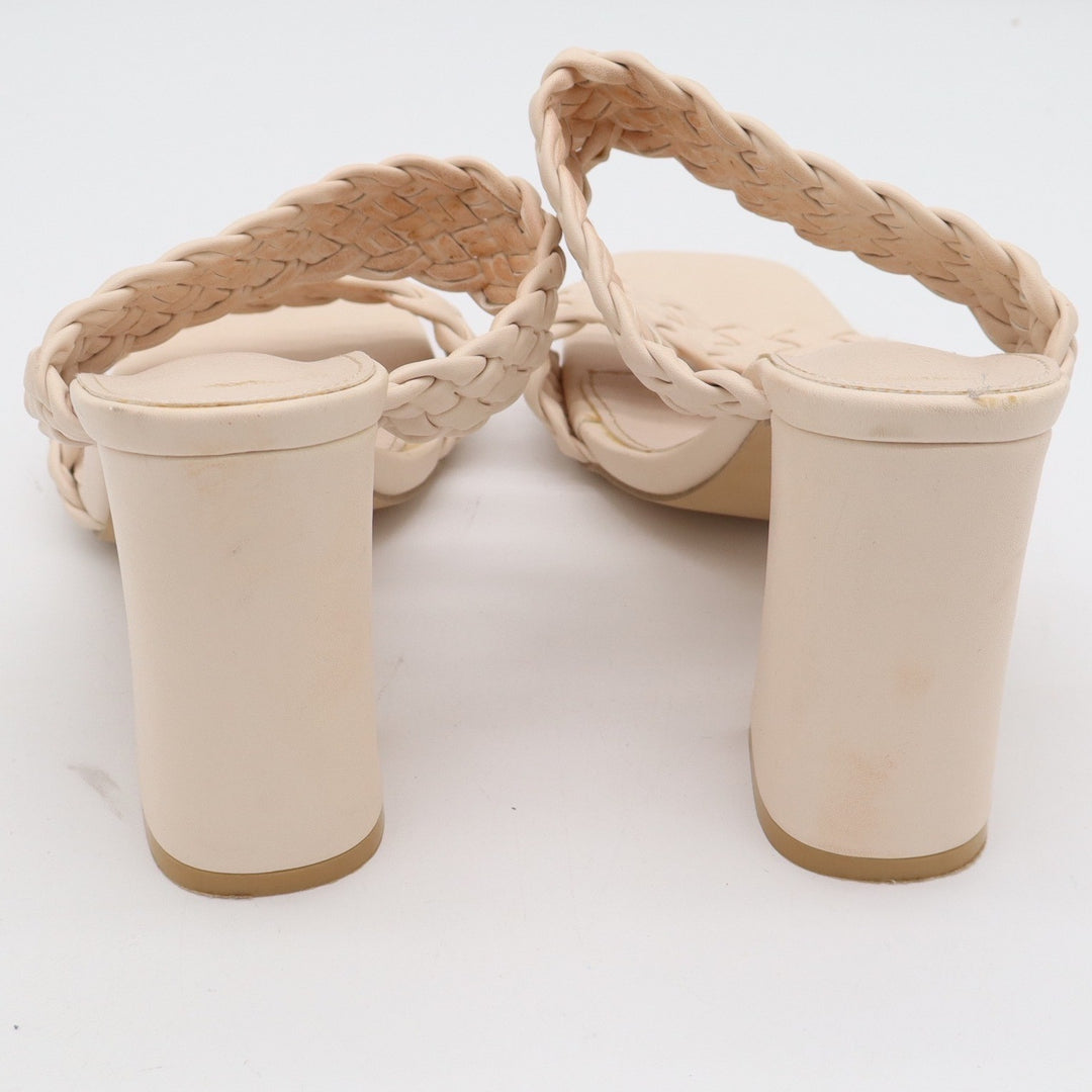 Cream Braided Double Strap Mule Heels Square Toe Block Heel Sandal Beige