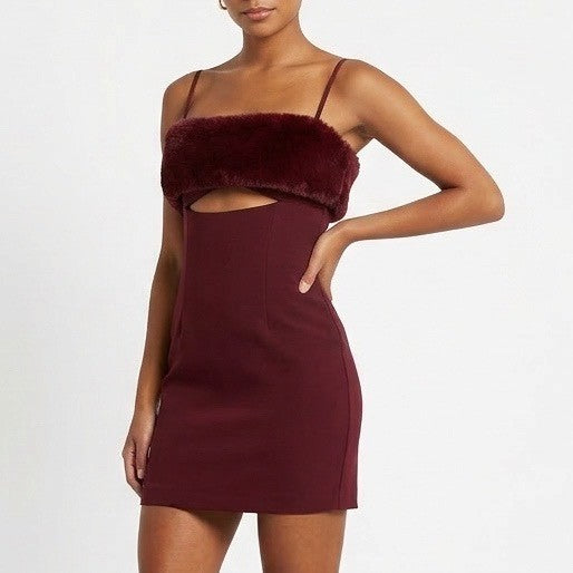 Naked Wardrobe Marron Burgundy Faux Fur Trim Cutout Mini Dress Small