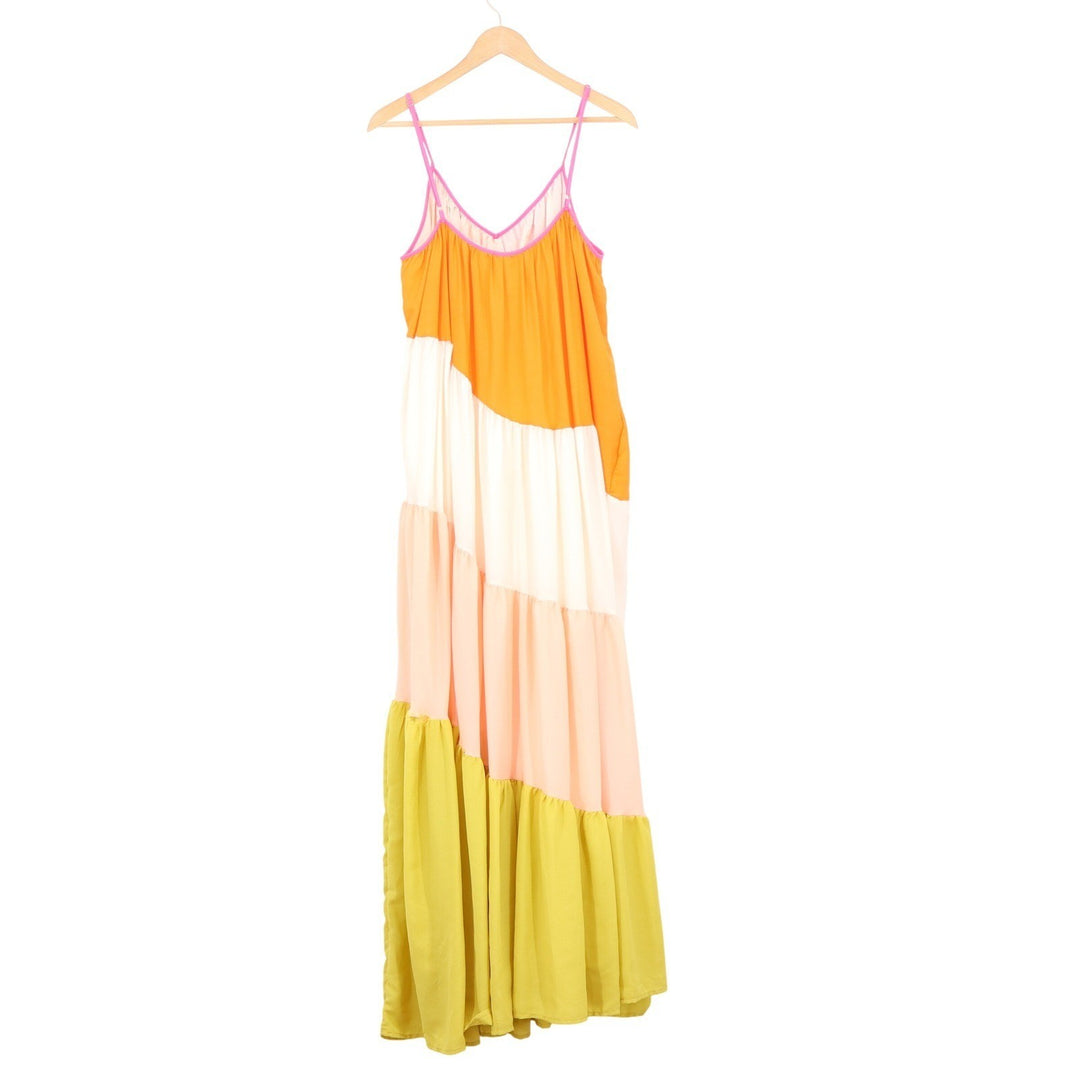 Stile Collection Rainbow Stripe Maxi Dress L Multi Colorblock Tiered Boho