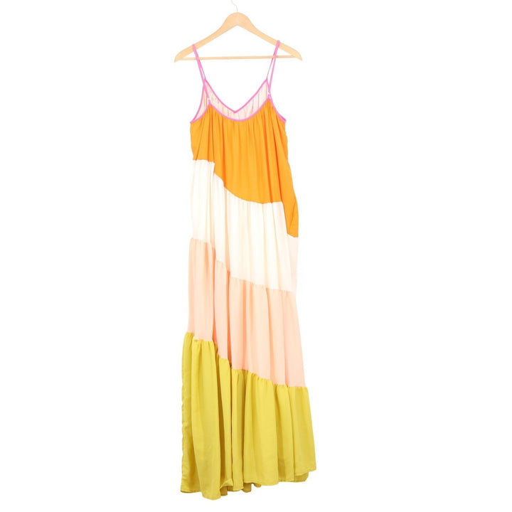 Stile Collection Rainbow Stripe Maxi Dress L Multi Colorblock Tiered Boho