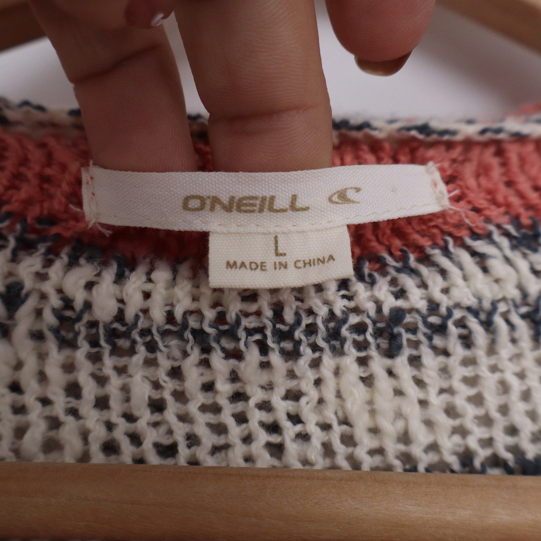 ONeill Womens Large Striped Open Knit Hooded Pullover Sweater Coral Cream