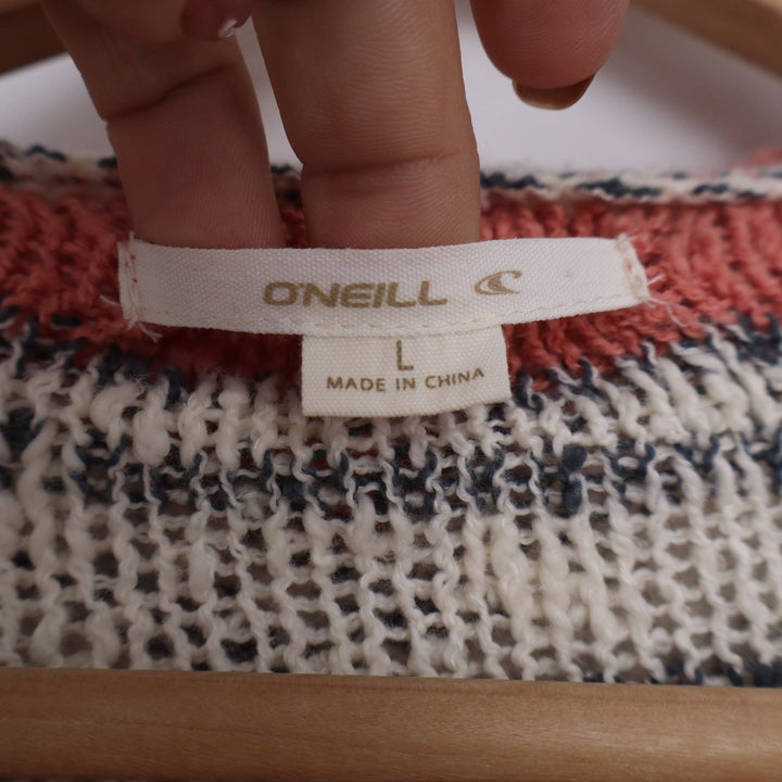 ONeill Womens Large Striped Open Knit Hooded Pullover Sweater Coral Cream