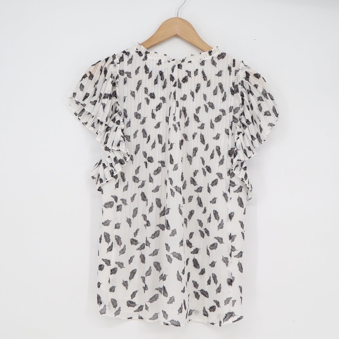 Ann Taylor Factory Leaf Print Pleated Flutter Sleeve Blouse White Black Small