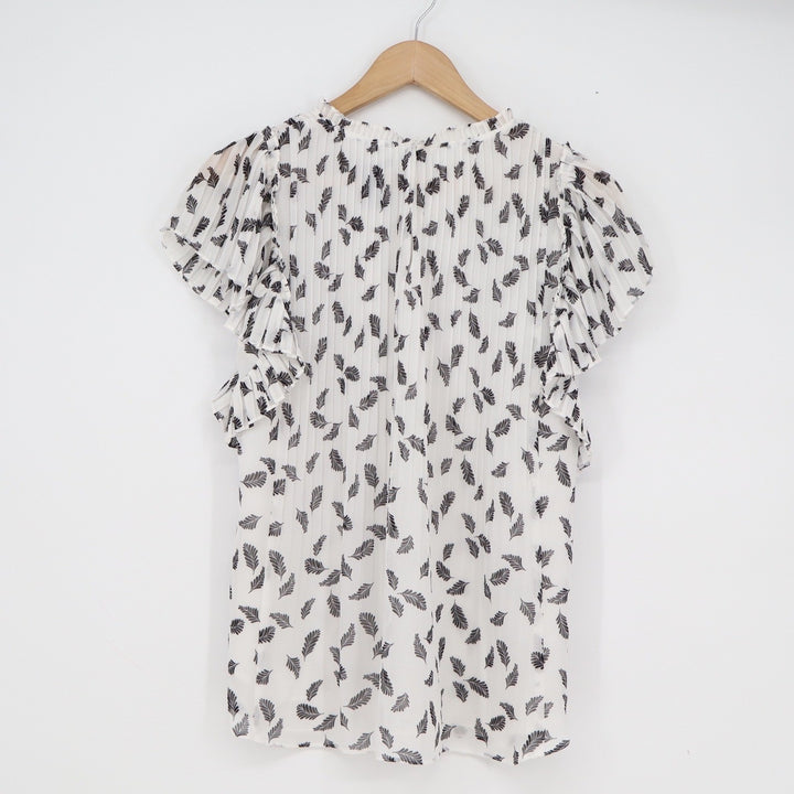 Ann Taylor Factory Leaf Print Pleated Flutter Sleeve Blouse White Black Small