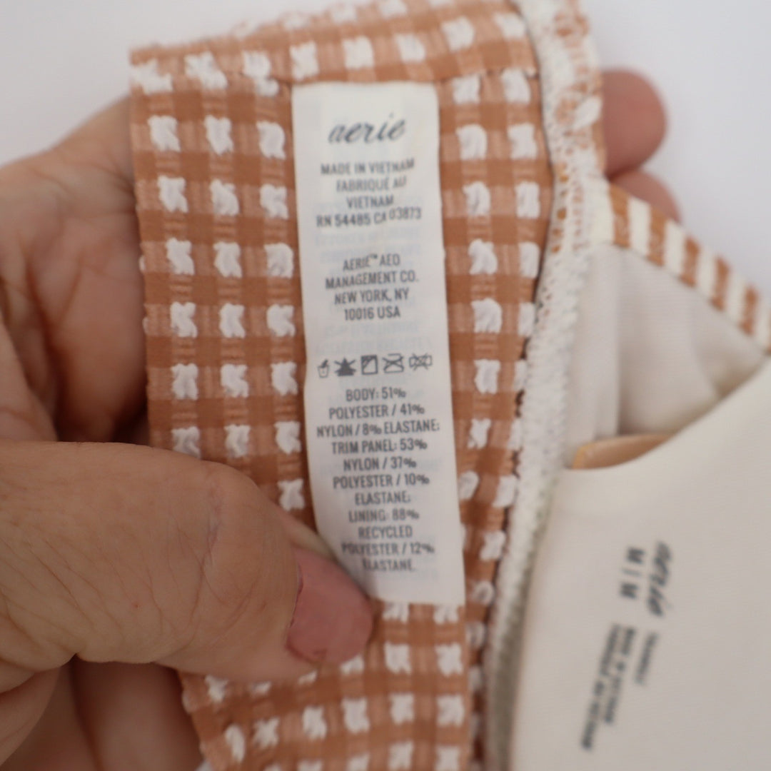 Aerie Tan Gingham Ruffle Triangle Bikini Top Medium Seersucker V-Neck Swim