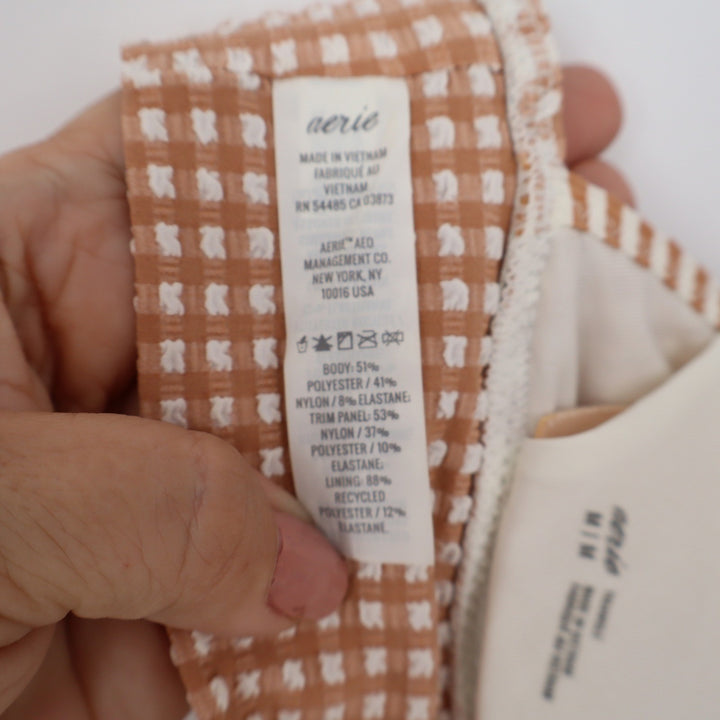 Aerie Tan Gingham Ruffle Triangle Bikini Top Medium Seersucker V-Neck Swim