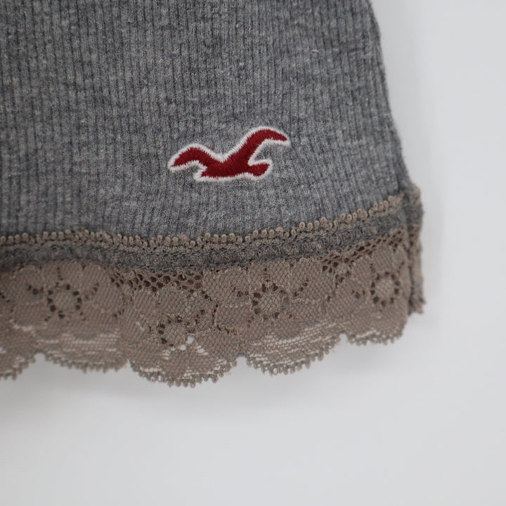 Hollister Womens XS Gray Ribbed Lace Trim Camisole Tank Top Embroidered Logo