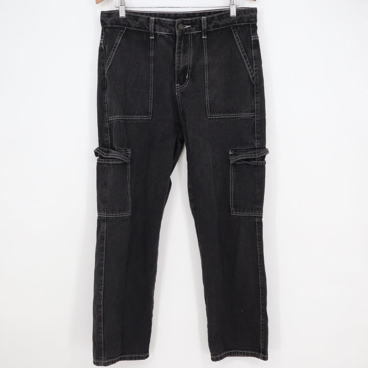 Women's Black Contrast Stitch Cargo Pants Straight Leg High Waist Size M