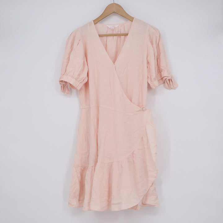 LC Lauren Conrad Peach Seersucker Stripe Puff Sleeve Wrap Dress Medium