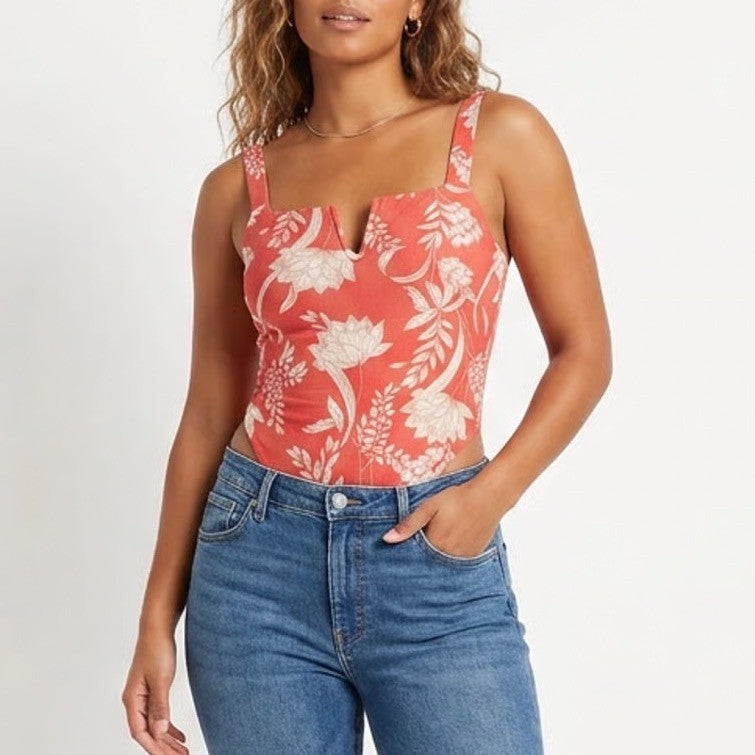 Intimately Free People Red Floral Notched Neck Bodysuit Small S