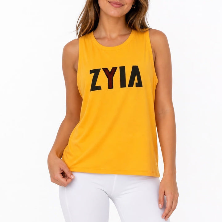 Zyia Active Tank Top Womens M Muscle Tank Orange Graphic Logo Excellent