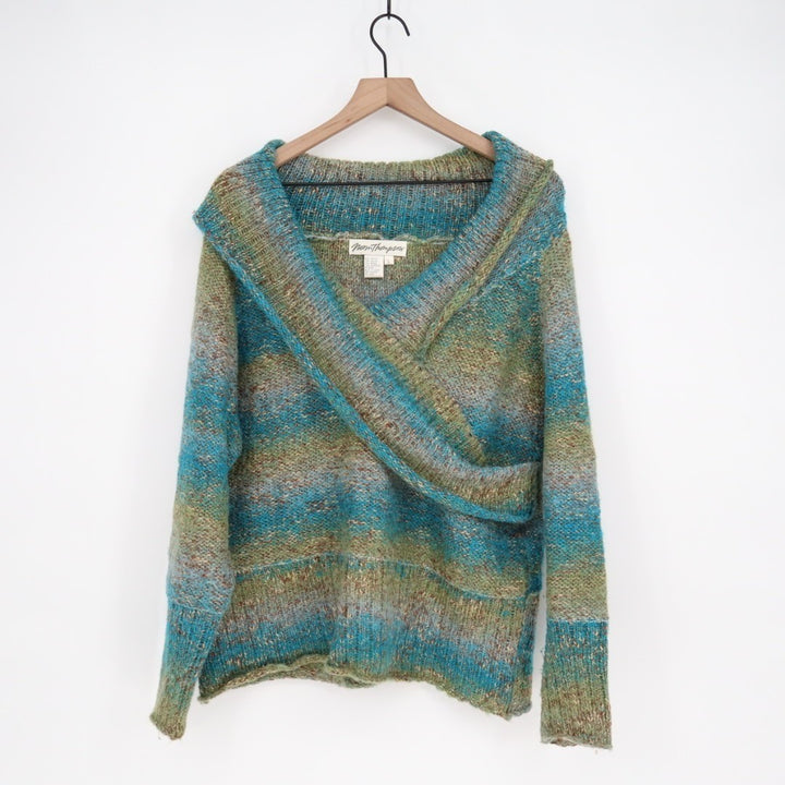 Norm Thompson Sweater Womens Large Multi Striped Knit Ribbed Hem Shawl Collar