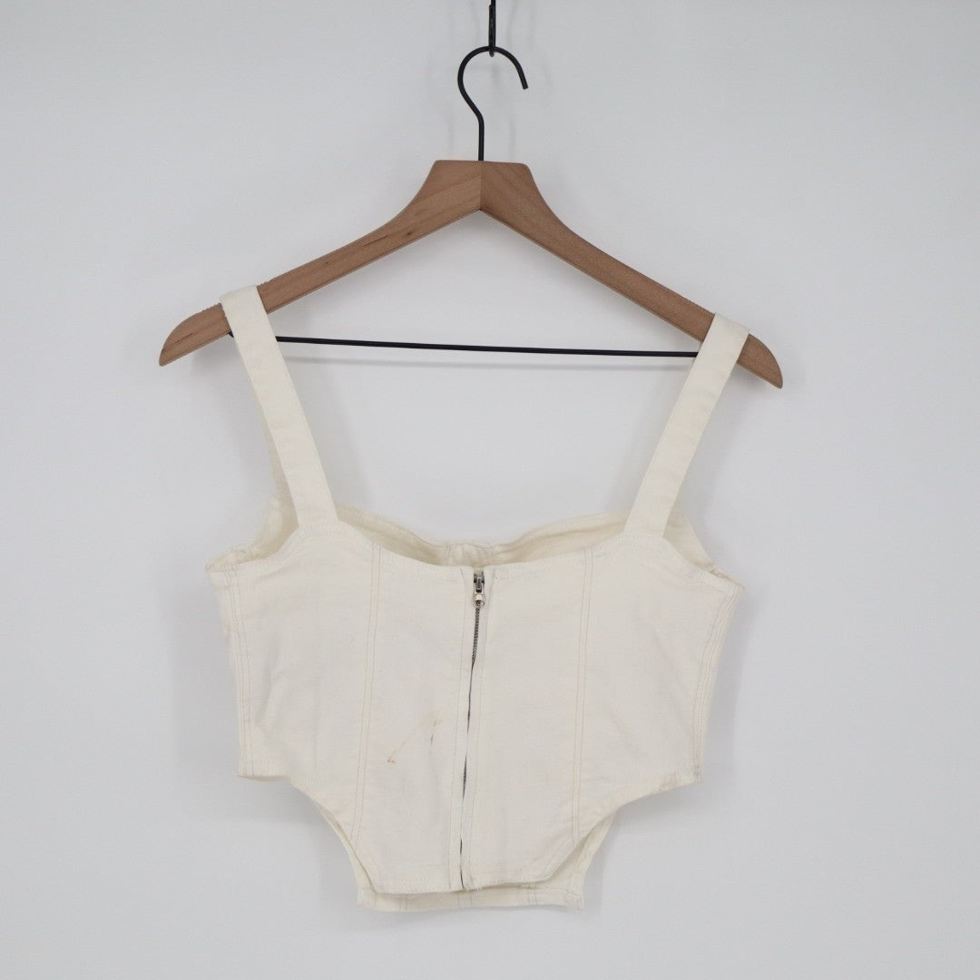 Zara Corset Top Womens Large White Denim Cotton Stretch Back Zip Wide Strap