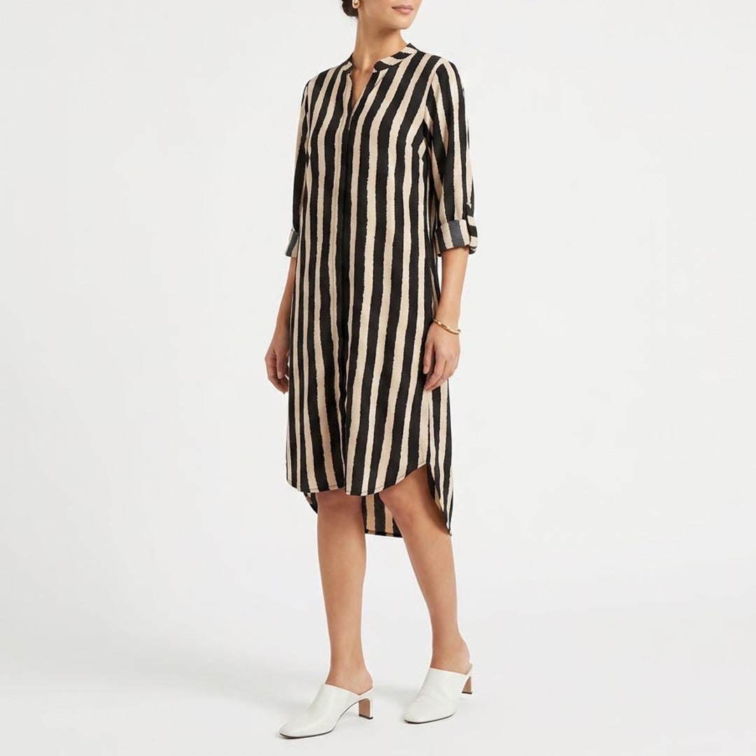 Black Cream Vertical Stripe Tunic Shift Dress Split Neck 3/4 Sleeve One Size
