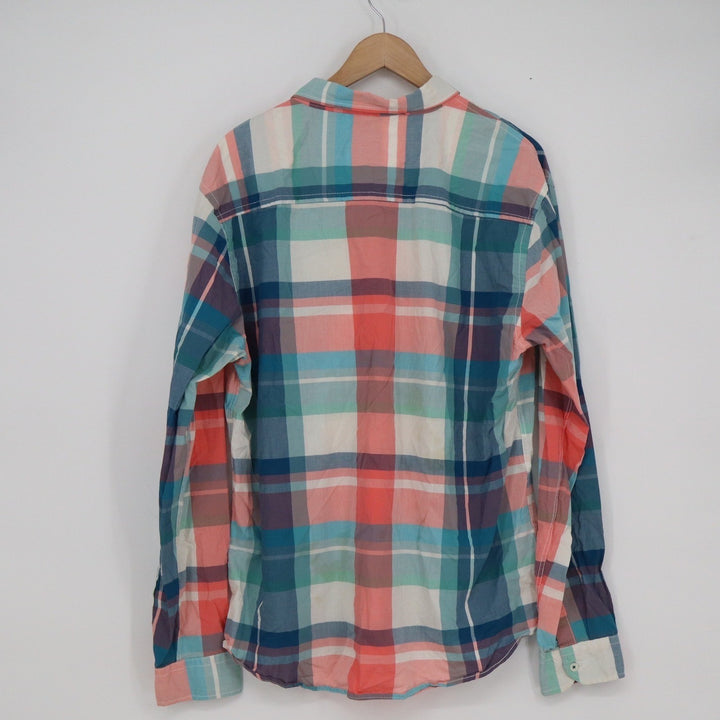Aeropostale Mens Large Plaid Button Down Shirt Teal Coral White Cotton