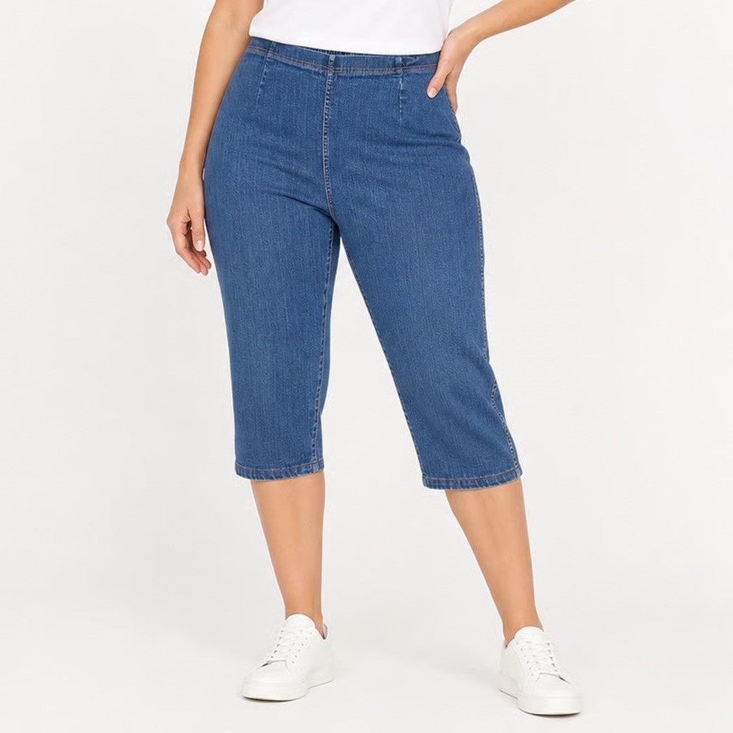 White Stag Womens Plus 22/24 Blue Denim Capri Pants Elastic Waist Stretch