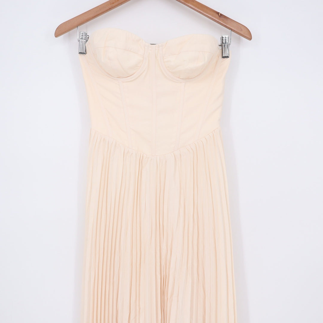 Showpo Loretta Midi Dress Cream Lace Up Back Bustier Pleated Strapless Size 4
