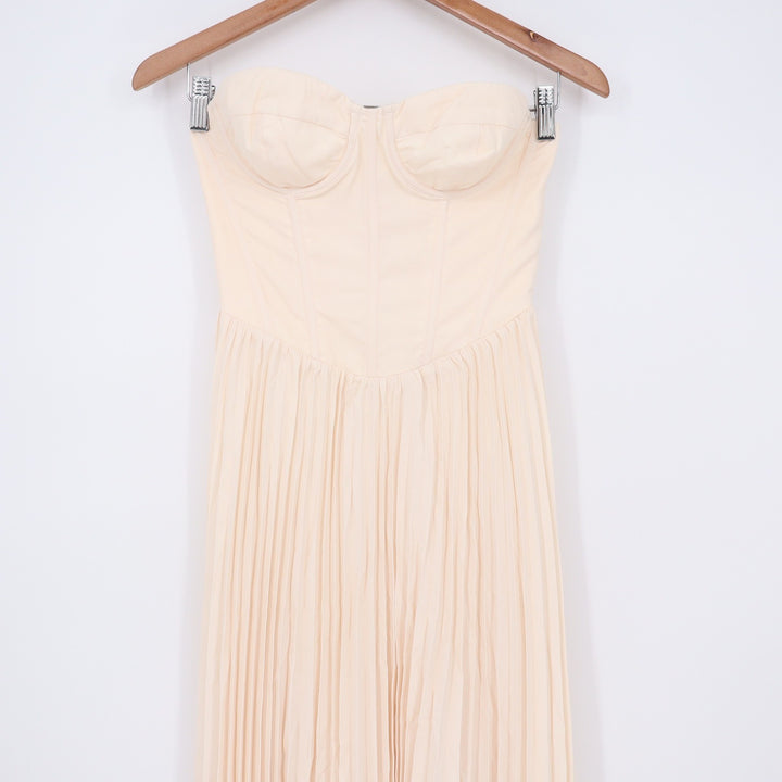Showpo Loretta Midi Dress Cream Lace Up Back Bustier Pleated Strapless Size 4