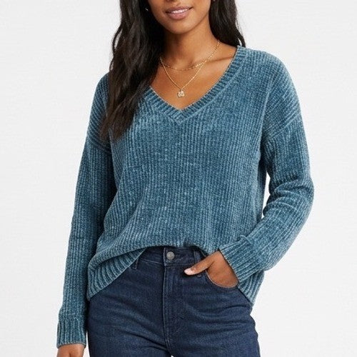 Gap Sweater Women XL Blue Velvet Chenille Long Sleeve Super Soft V-Neck Pullover